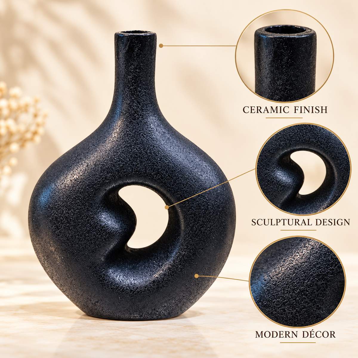 Black Swirl Open-Centre Ceramic Vase – 10 Inch product features