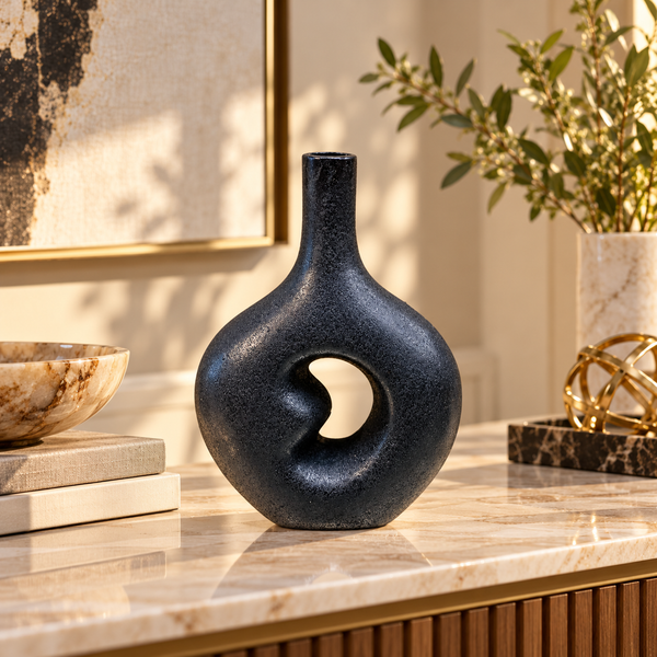 Black Swirl Open-Centre Ceramic Vase – 10 Inch styled in a modern interior