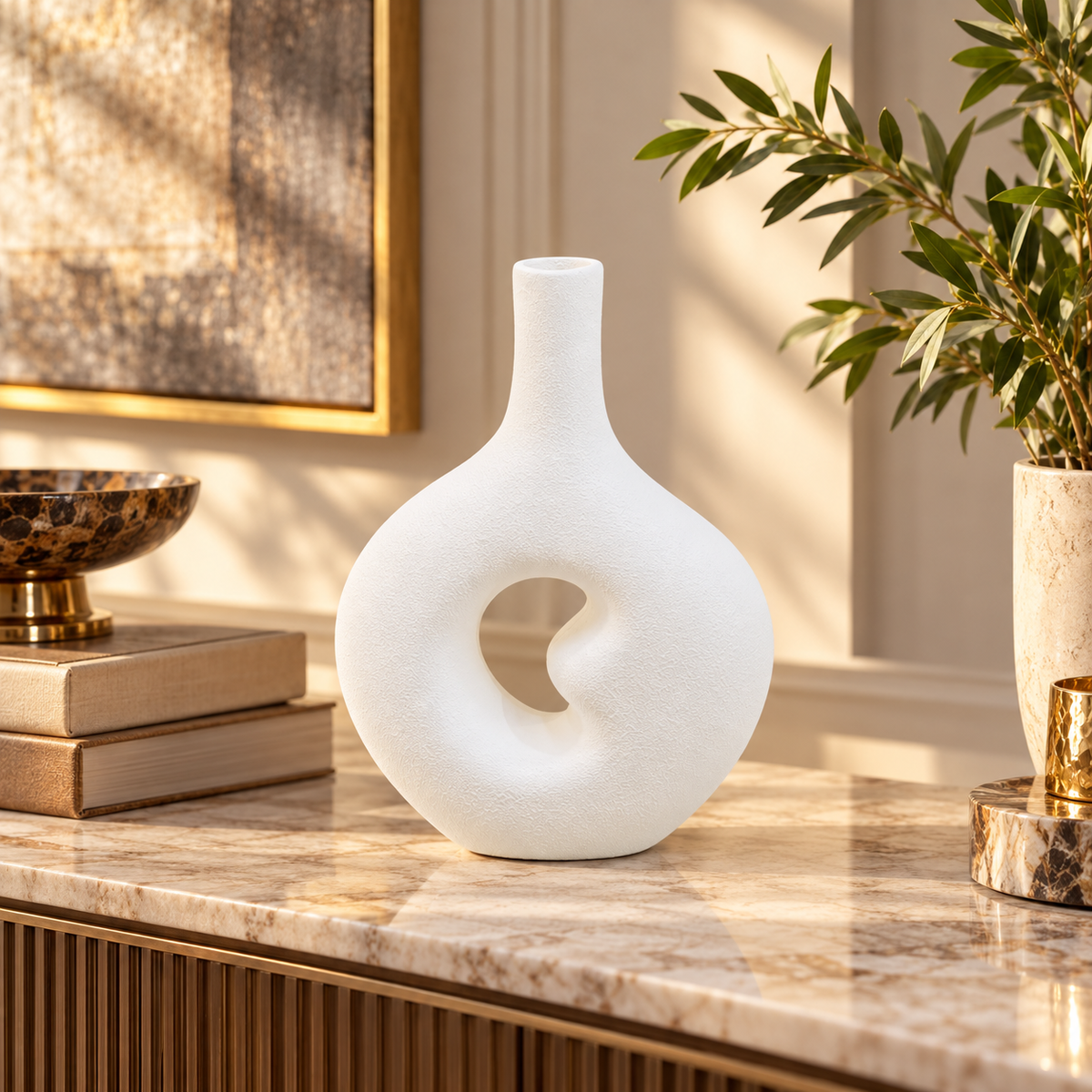 White Swirl Open-Centre Ceramic Vase – 10 Inch styled in a modern interior