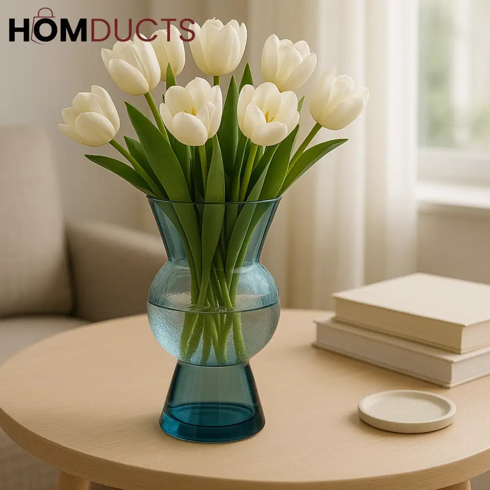 Modern Blue Glass Vase with Hourglass Design & Tulip Display