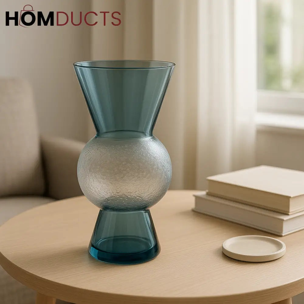 Modern Blue Glass Vase with Hourglass Design & Tulip Display