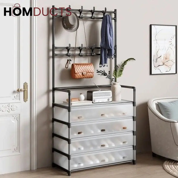 Modern Entryway Dustproof Shoes and Coat Rack with Hooks