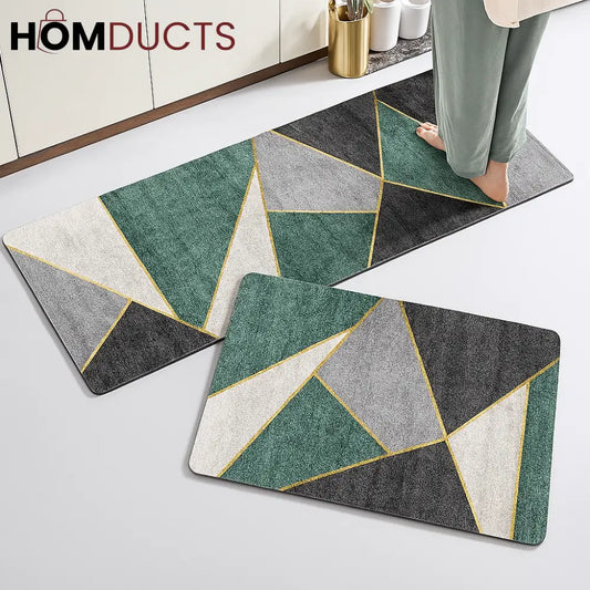 Modern Geometric Kitchen Mat Set – Anti-Fatigue Non-Slip Design (2pcs Green & Gold)