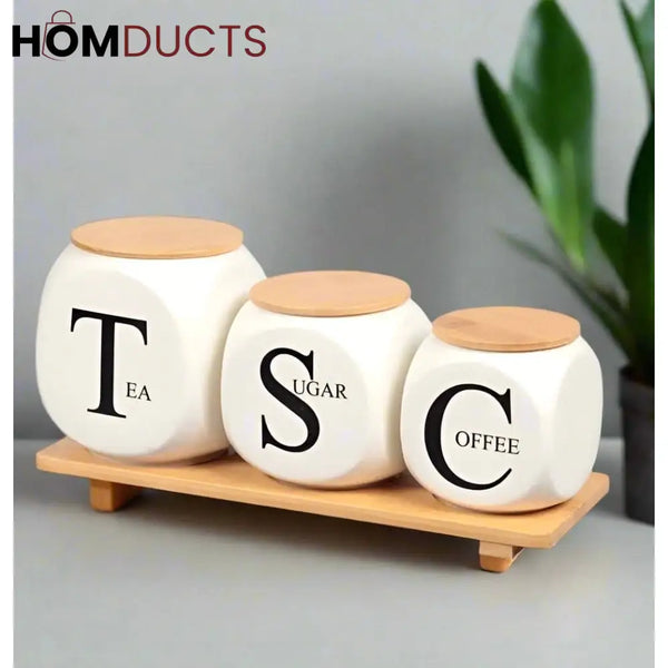 Modern Kitchen Storage - Ceramic Jars with Bamboo Stand for Coffee Tea Sugar & Baking Supplies