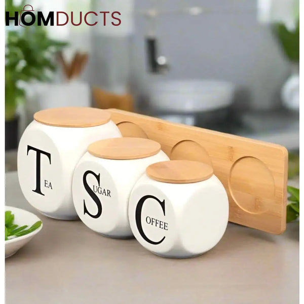 Modern Kitchen Storage - Ceramic Jars with Bamboo Stand for Coffee Tea Sugar & Baking Supplies
