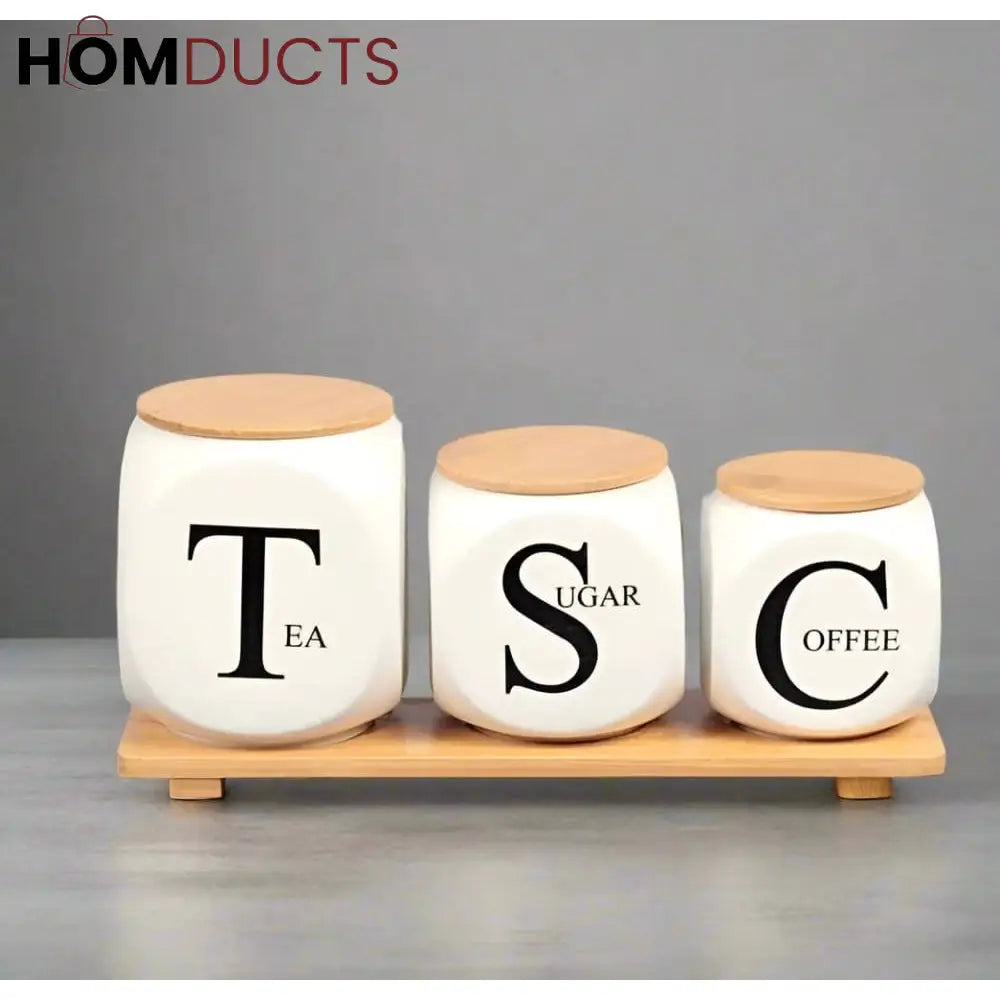 Modern Kitchen Storage - Ceramic Jars with Bamboo Stand for Coffee Tea Sugar & Baking Supplies