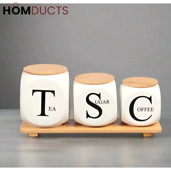 Modern Kitchen Storage - Ceramic Jars with Bamboo Stand for Coffee Tea Sugar & Baking Supplies