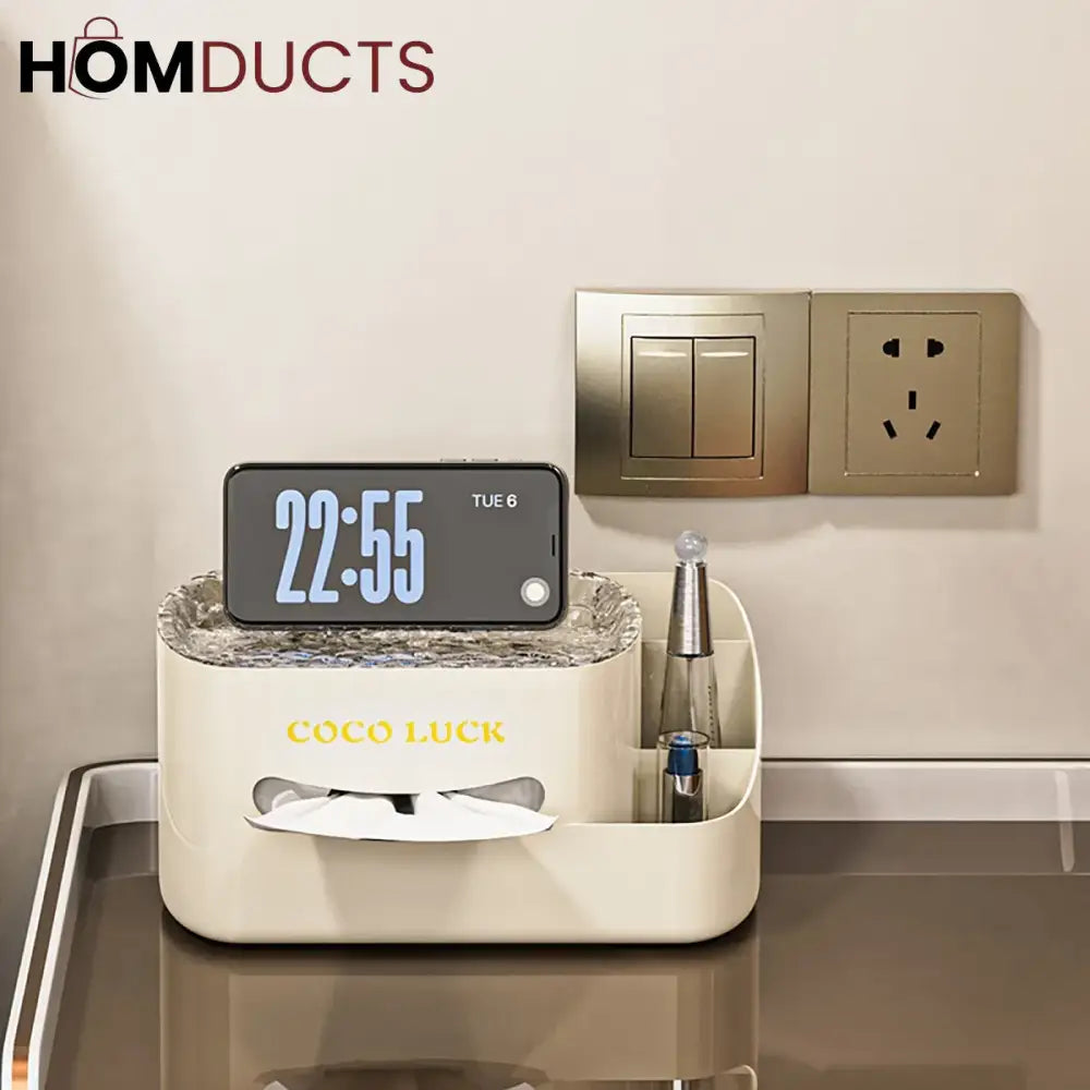 Modern Makeup Organizer with Tissue Box - Stylish Cosmetic Display & Desk Storage