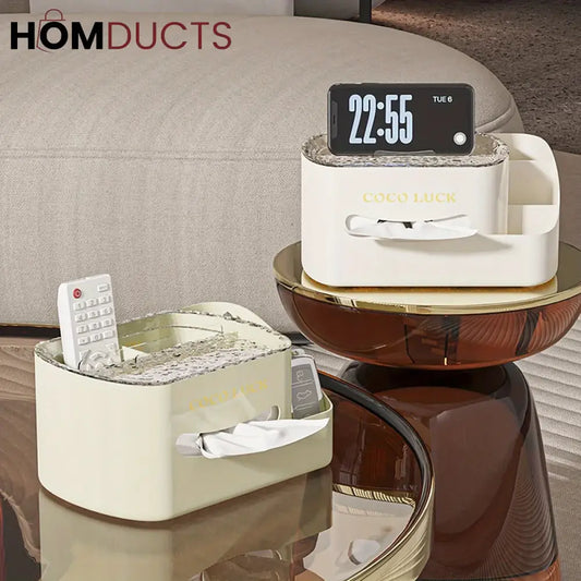 Modern Makeup Organizer with Tissue Box - Stylish Cosmetic Display & Desk Storage