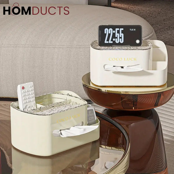 Modern Makeup Organizer with Tissue Box - Stylish Cosmetic Display & Desk Storage