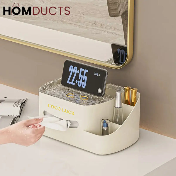 Modern Makeup Organizer with Tissue Box - Stylish Cosmetic Display & Desk Storage
