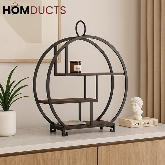 Modern Round Metal Display Shelf – 3-Tier Wooden Rack for Home & Office Décor