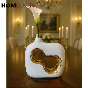 Modern White Ceramic Vase with Gold Accent – Luxury Tabletop Flower Vase for Home Décor