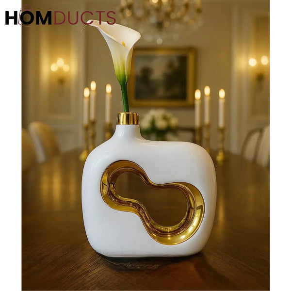 Modern White Ceramic Vase with Gold Accent – Luxury Tabletop Flower Vase for Home Décor