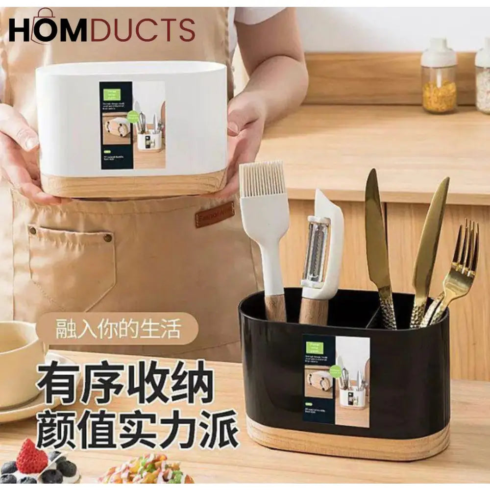 Modern White Kitchen Utensil Holder with Natural Wooden Base - Stylish & Space-Saving Countertop Organizer Dining