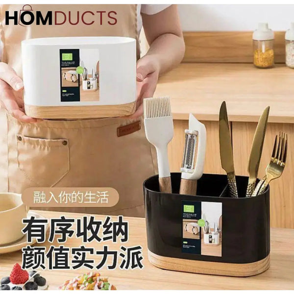 Modern White Kitchen Utensil Holder with Natural Wooden Base - Stylish & Space-Saving Countertop Organizer Dining