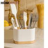 Modern White Kitchen Utensil Holder with Natural Wooden Base - Stylish & Space-Saving Countertop Organizer Dining