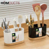 Modern White Kitchen Utensil Holder with Natural Wooden Base - Stylish & Space-Saving Countertop Organizer Dining