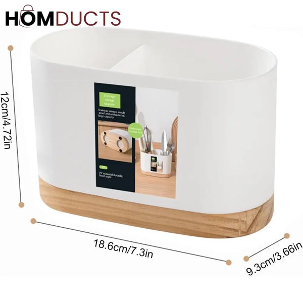 Modern White Kitchen Utensil Holder with Natural Wooden Base - Stylish & Space-Saving Countertop Organizer