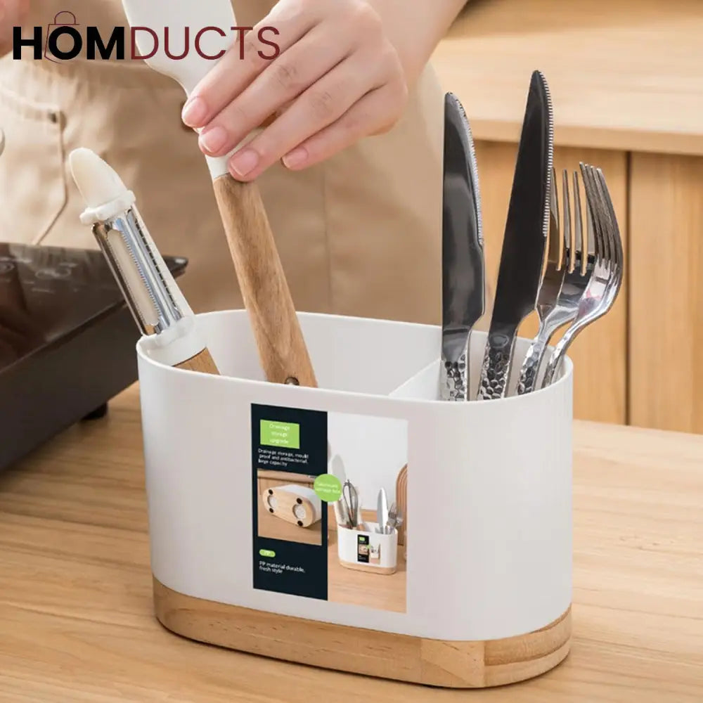 Modern White Kitchen Utensil Holder with Natural Wooden Base - Stylish & Space-Saving Countertop Organizer