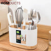 Modern White Kitchen Utensil Holder with Natural Wooden Base - Stylish & Space-Saving Countertop Organizer