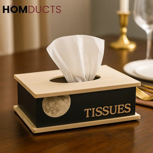 Modern Wooden Tissue Box with Moon & TISSUES Engraving