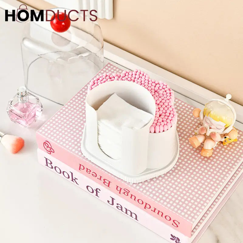 Multi-Compartment Cotton Pad & Swab Organizer with Dustproof Cover – Stylish Bathroom & Vanity Storage Box