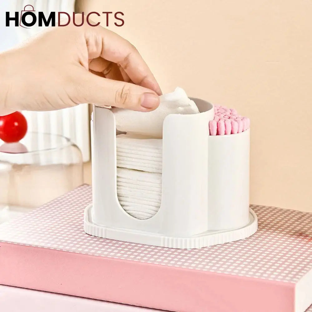 Multi-Compartment Cotton Pad & Swab Organizer with Dustproof Cover – Stylish Bathroom & Vanity Storage Box