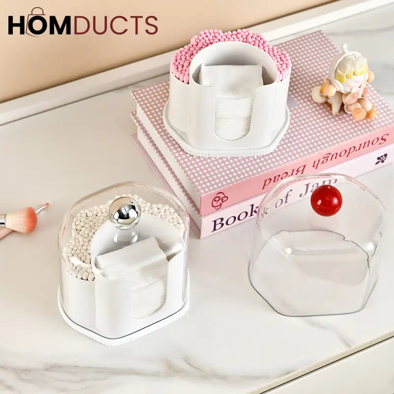 Multi-Compartment Cotton Pad & Swab Organizer with Dustproof Cover – Stylish Bathroom & Vanity Storage Box