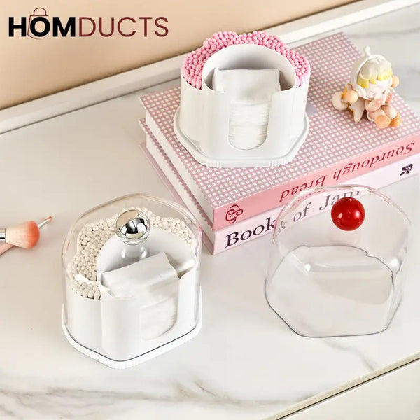 Multi-Compartment Cotton Pad & Swab Organizer with Dustproof Cover – Stylish Bathroom & Vanity Storage Box