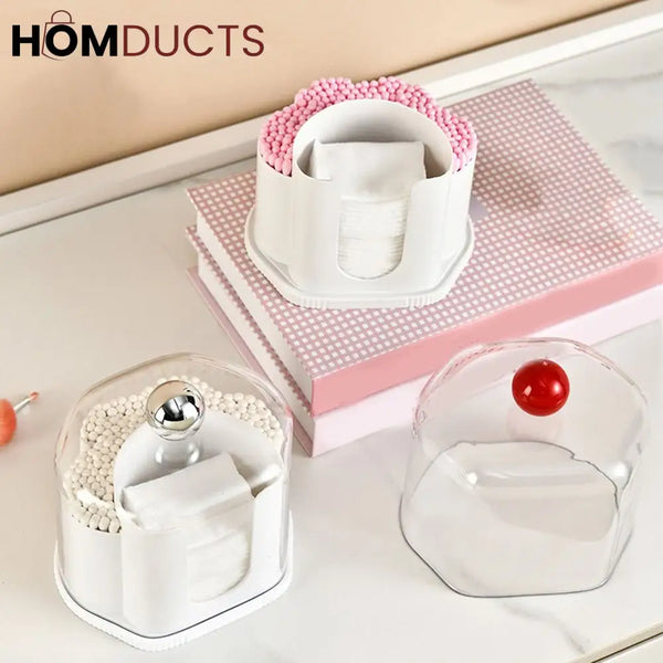 Multi-Compartment Cotton Pad & Swab Organizer with Dustproof Cover – Stylish Bathroom & Vanity Storage Box
