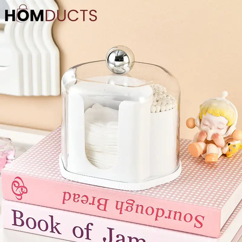 Multi-Compartment Cotton Pad & Swab Organizer with Dustproof Cover – Stylish Bathroom & Vanity Storage Box