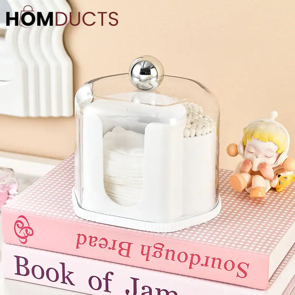 Multi-Compartment Cotton Pad & Swab Organizer with Dustproof Cover – Stylish Bathroom & Vanity Storage Box