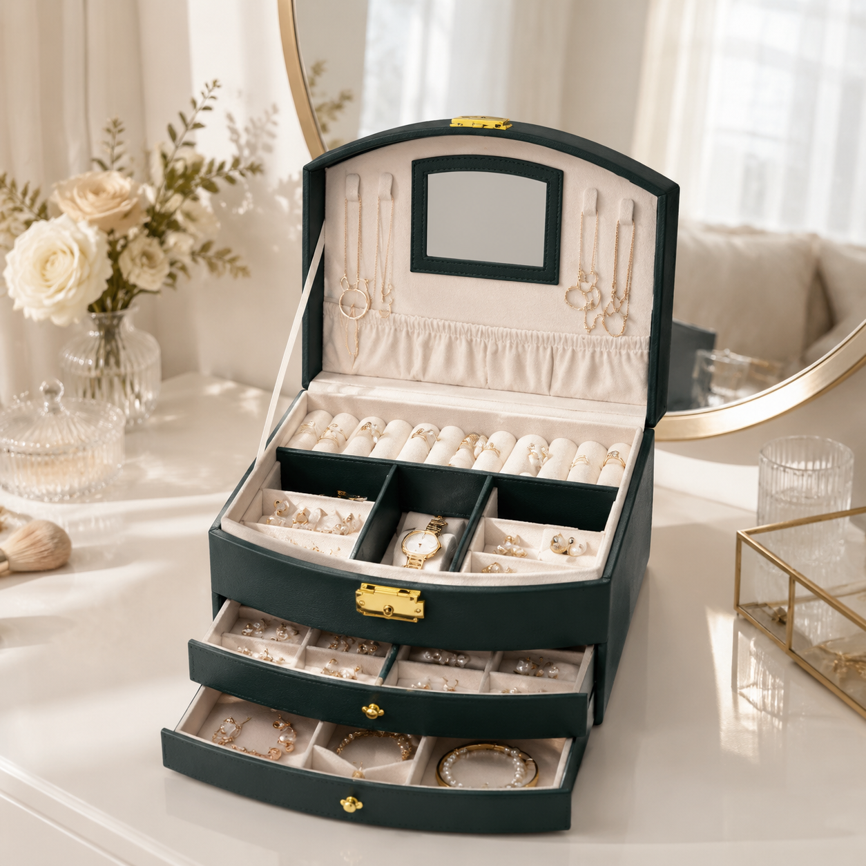 Multi-layer jewellery organizer box with mirror and drawers