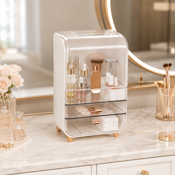 Luxury Multi-Layer Makeup Organizer – Covered Vanity Storage with Drawers