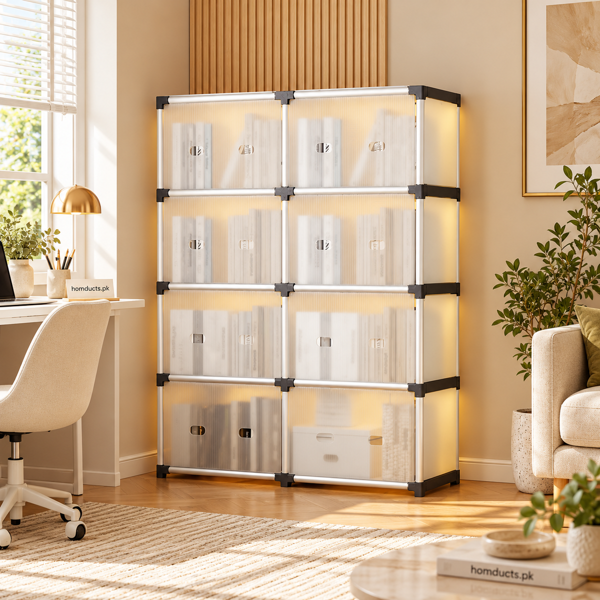 Four-tier modular cabinet with translucent doors in a home interior