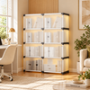 Four-tier modular cabinet with translucent doors in a home interior