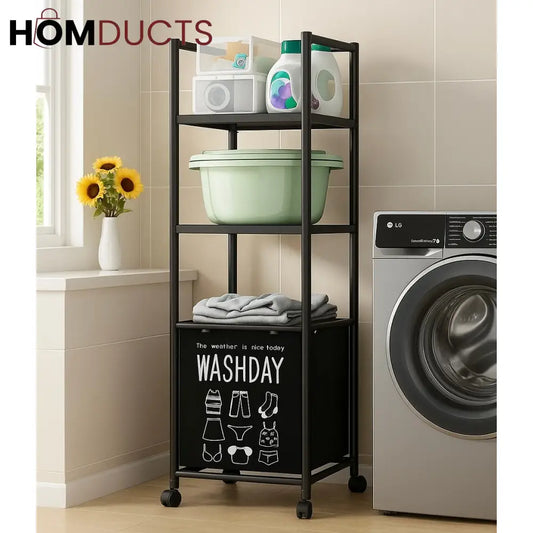 Multi-Tier Laundry Storage Rack with Rolling Wheels – Washday Hamper Organizer for Bathroom & Laundry Room