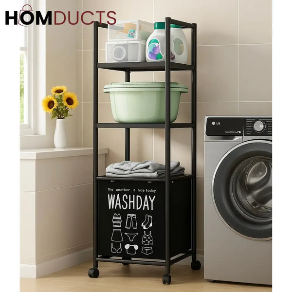 Multi-Tier Laundry Storage Rack with Rolling Wheels – Washday Hamper Organizer for Bathroom & Laundry Room