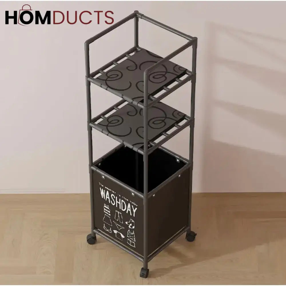 Multi-Tier Laundry Storage Rack with Rolling Wheels – Washday Hamper Organizer for Bathroom & Laundry Room