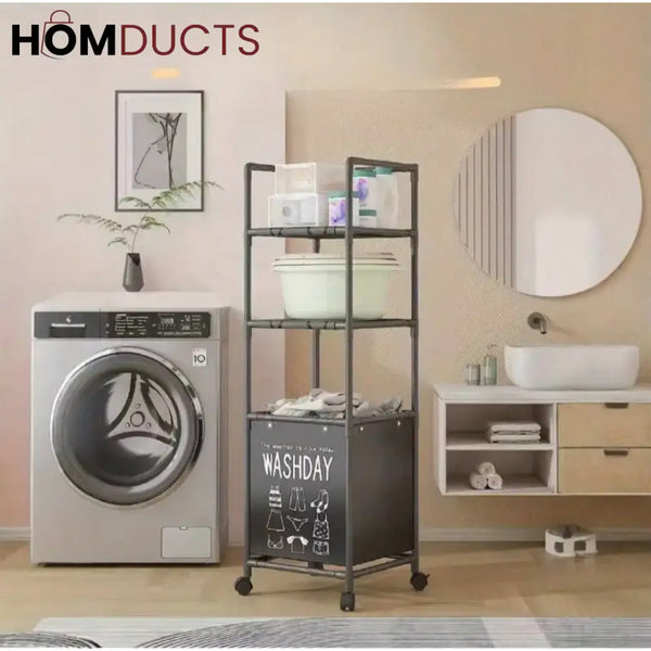 Multi-Tier Laundry Storage Rack with Rolling Wheels – Washday Hamper Organizer for Bathroom & Laundry Room