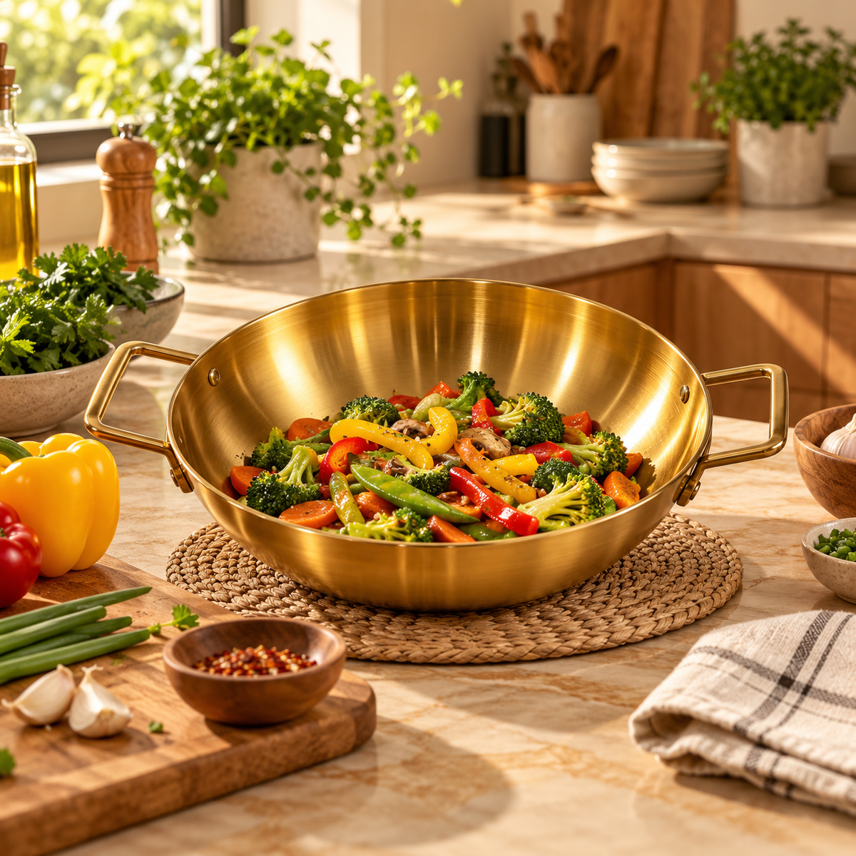 Gold Stainless Steel Wok with Side Handles