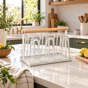 White Wood-Accent Drinking Glass Holder