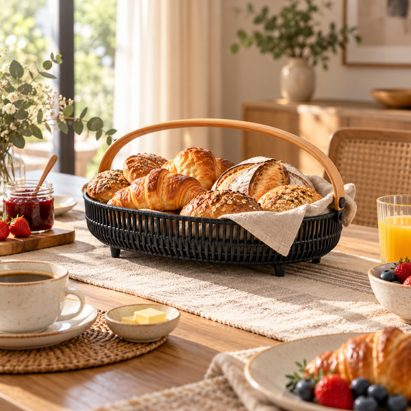 Black Oval Serving Basket with Wooden Handle