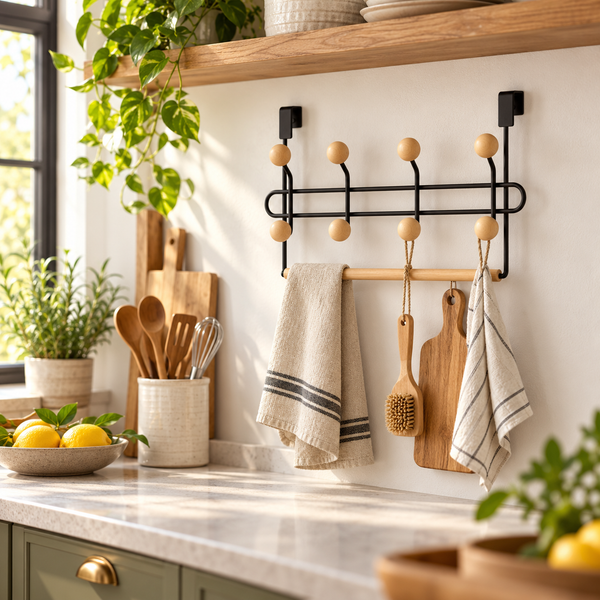 Wall-Mounted Metal Hook Rack with Wooden Pegs