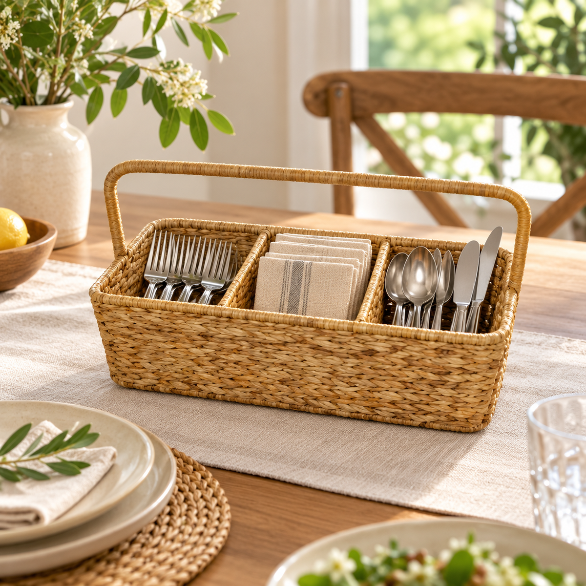 3-Compartment Woven Cutlery Organizer Basket