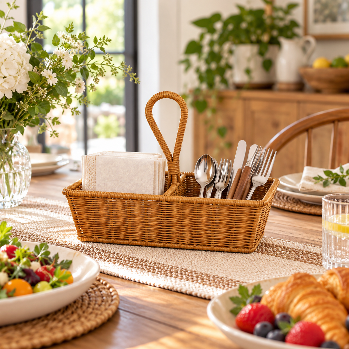 2-Compartment Woven Basket with Loop Handle