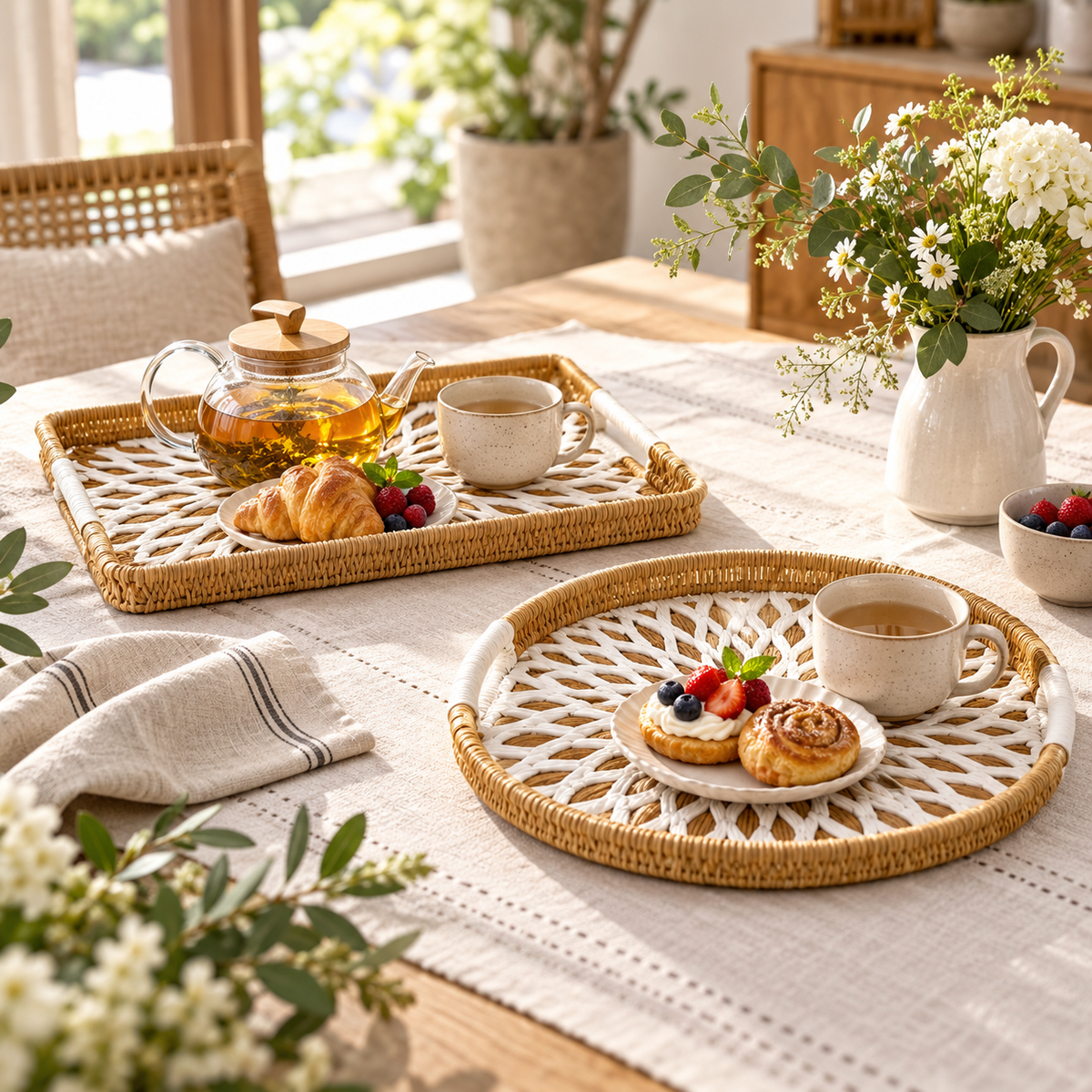 Woven Serving Tray with Decorative Inlay