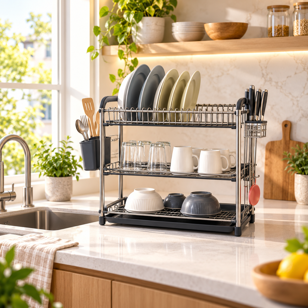 Large Multi-Tier Stainless Steel Dish Rack