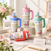 1000ml floral vacuum tumbler with handle and straw